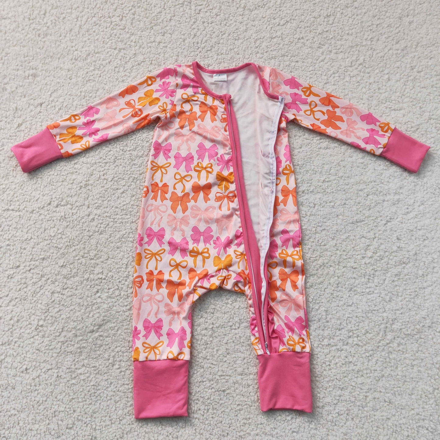 RTS NO MOQ milk silk LR2567 Baby Girls Long Sleeves Bows Two Way Ruffle Zip Convertible Rompers