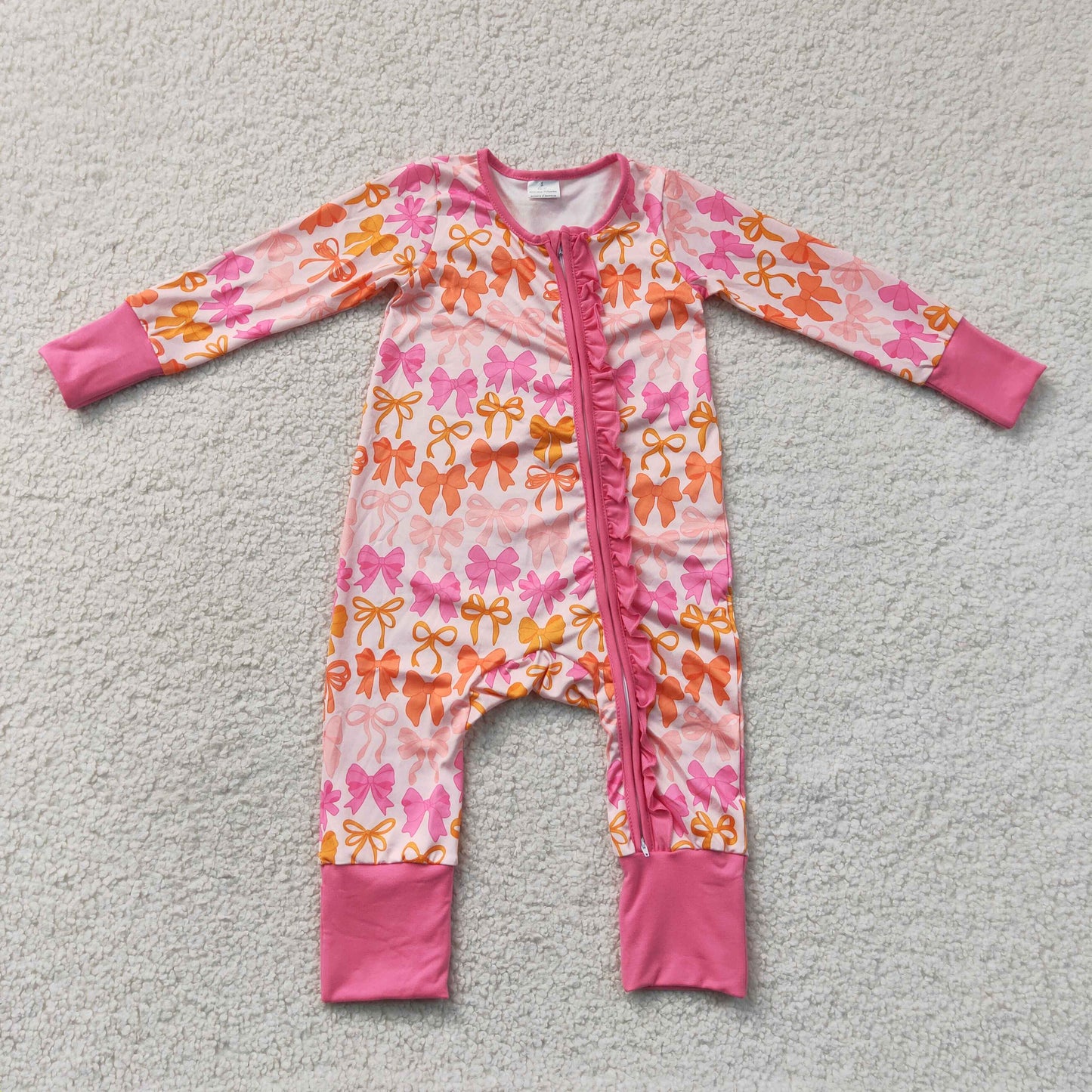 RTS NO MOQ milk silk LR2567 Baby Girls Long Sleeves Bows Two Way Ruffle Zip Convertible Rompers