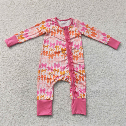 RTS NO MOQ milk silk LR2567 Baby Girls Long Sleeves Bows Two Way Ruffle Zip Convertible Rompers
