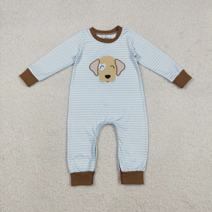 RTS NO MOQ Sibling milk silk Embroidery Baby Boys Light Blue White Stripe Long Sleeve Fall Rompers