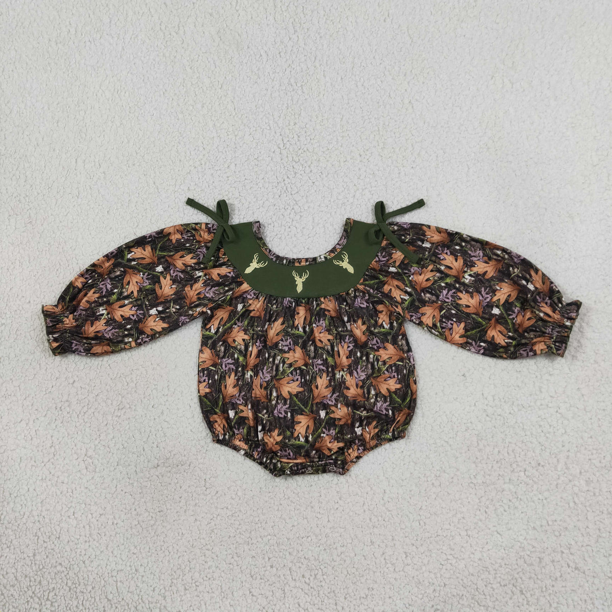 NEW RTS NO MOQ milk silk LR2728 Embroidery Deer Baby Girls Green Leaves Camo Hunting Bows Romper