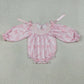 LR2932 Smocked Checked Baby Girls Flowers Bows Long Sleeve Ruffle Rompers