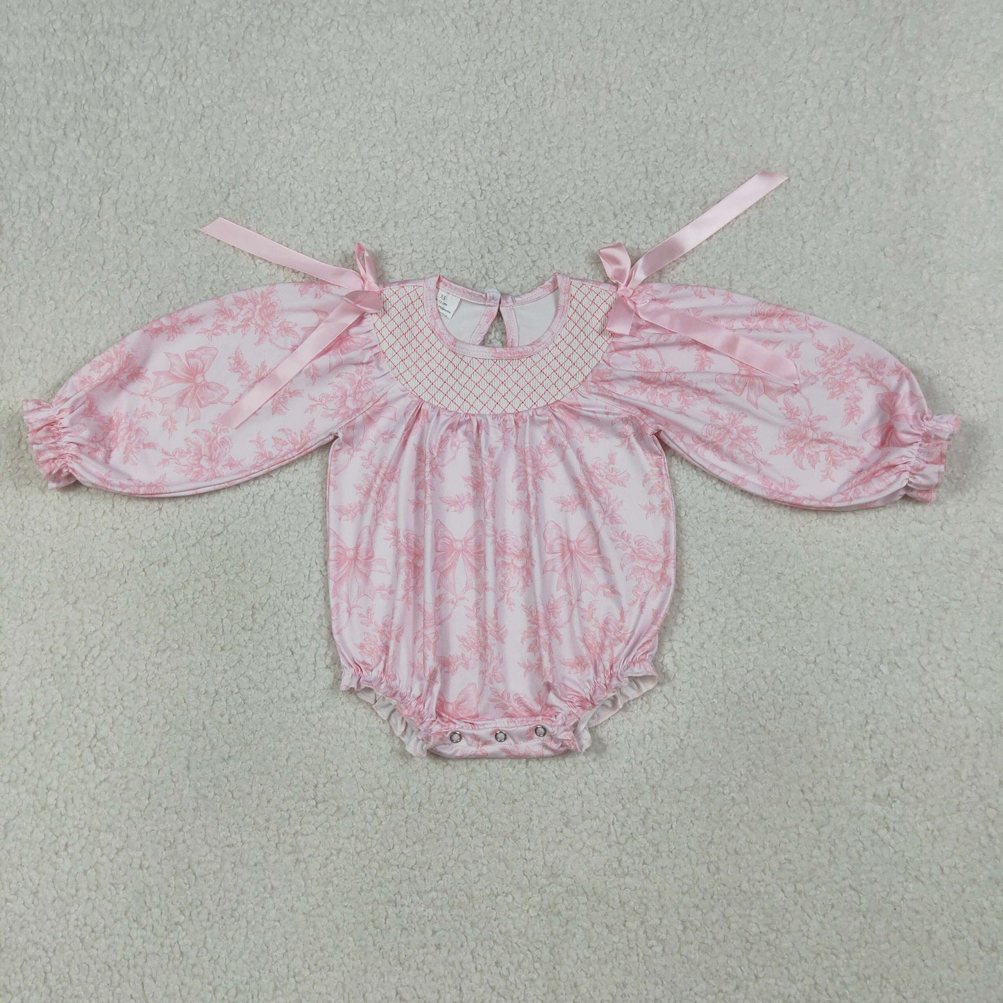 LR2932 Smocked Checked Baby Girls Flowers Bows Long Sleeve Ruffle Rompers