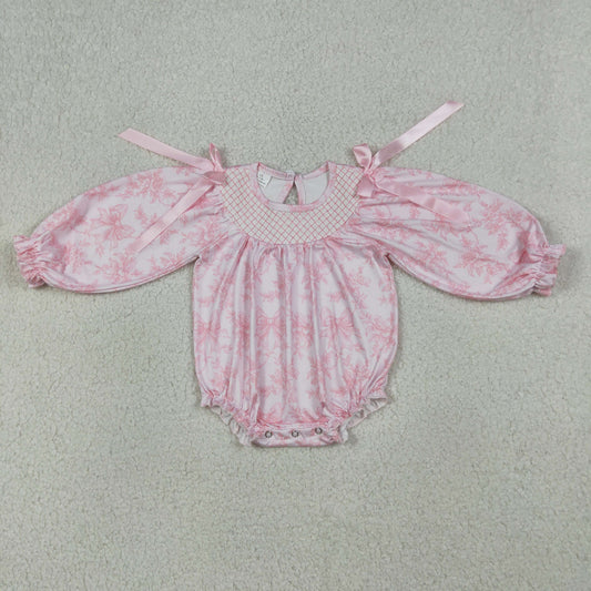 LR2932 Smocked Checked Baby Girls Flowers Bows Long Sleeve Ruffle Rompers