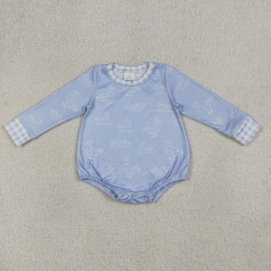 LR2969 Baby Boys Blue Long Sleeve Ducks Hunting Rompers