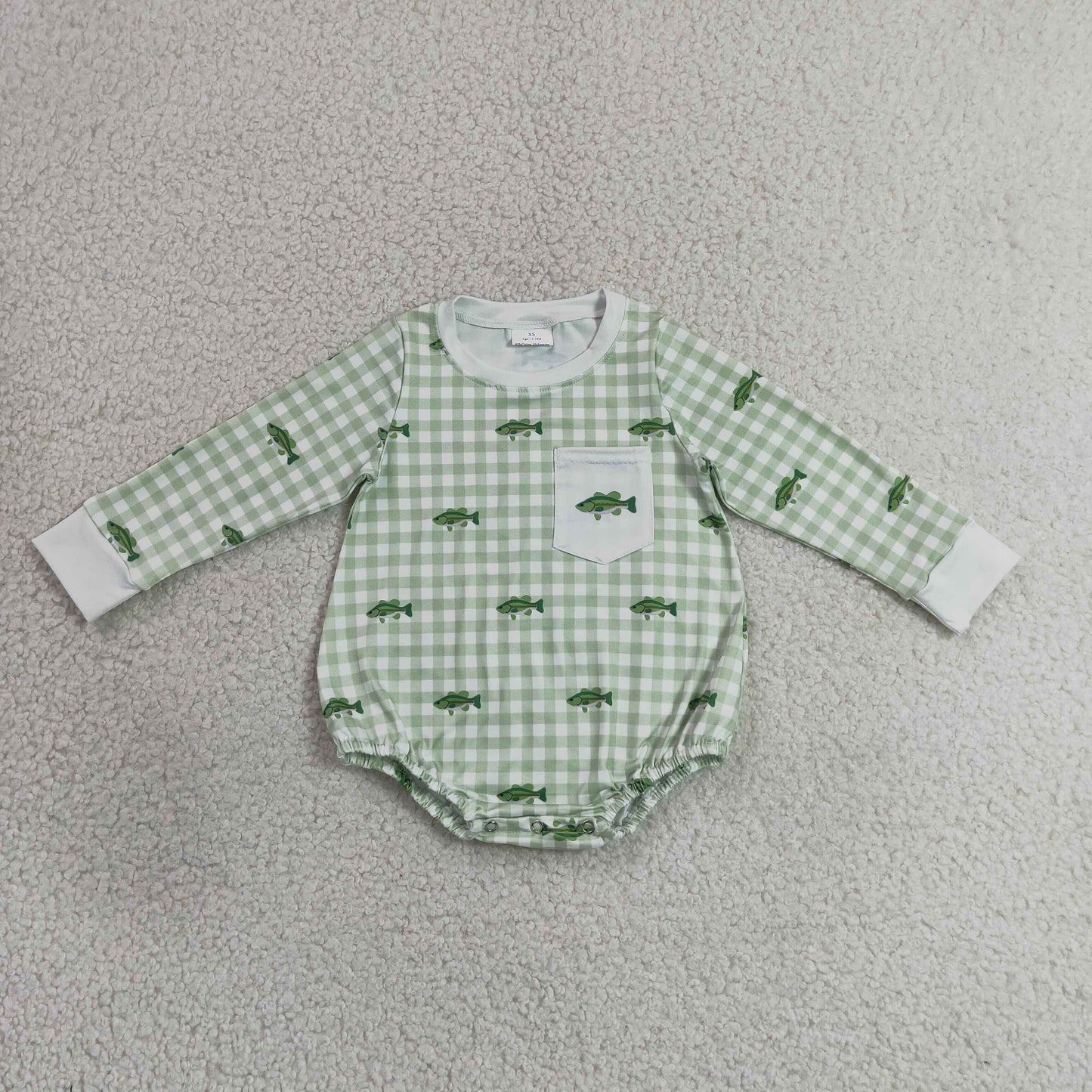 RTS NO MOQ  milk silk LR3001 Baby Boys Long Sleeve Fishes Green Checked Pocket Hunting Rompers