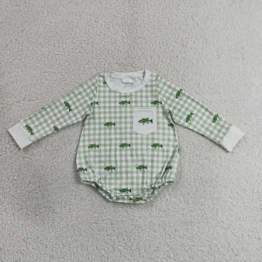 RTS NO MOQ  milk silk LR3001 Baby Boys Long Sleeve Fishes Green Checked Pocket Hunting Rompers
