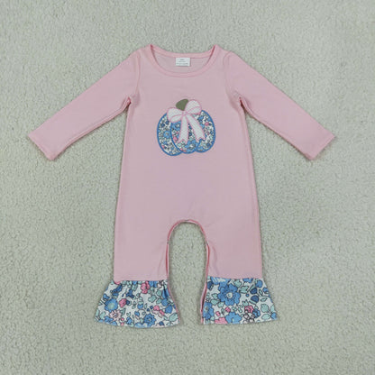 RTS NO MOQ Sibling milk silk Baby Girls Embroidery Bow Flowers Pumpkins Fall Clothes Set Ruffle Pant Rompers
