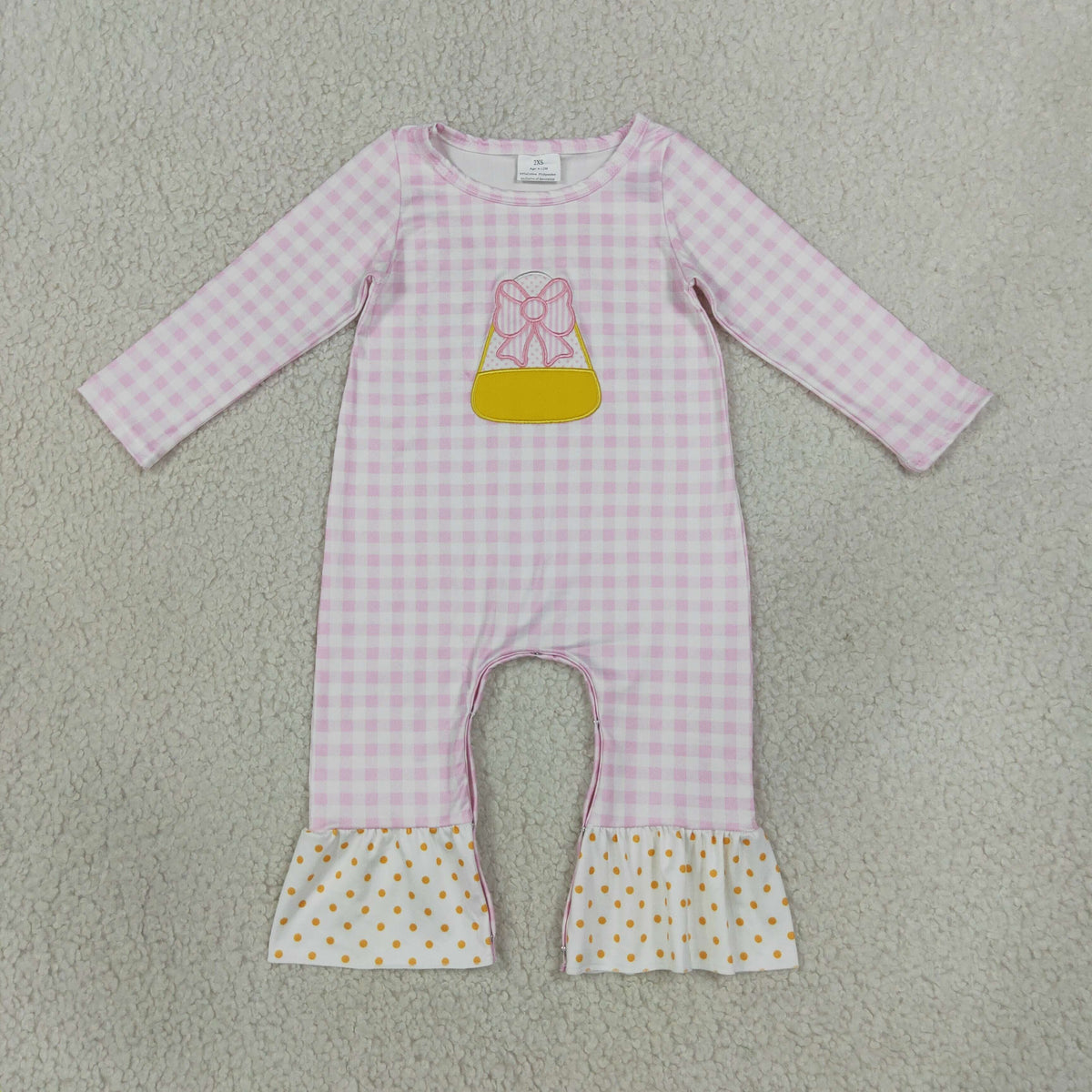 NEW RTS NO MOQ milk silk LR3022 Embroidery Bows Candy Baby Girls Pink Checked Halloween Ruffle Pant Rompers