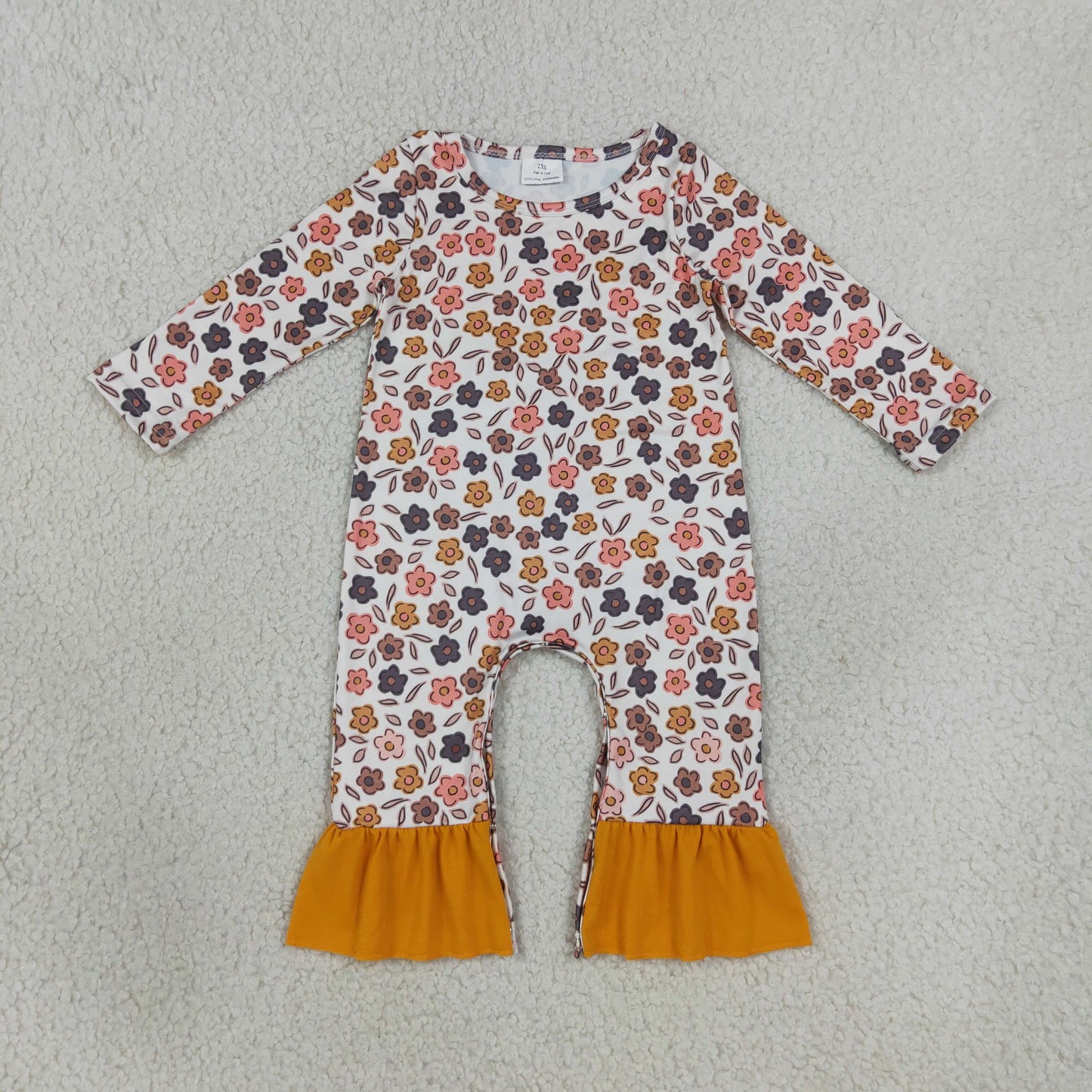 RTS NO MOQ Sibling milk silk Baby Girls Long Sleeve Flowers Leaves Print Fall Ruffle Pant Rompers