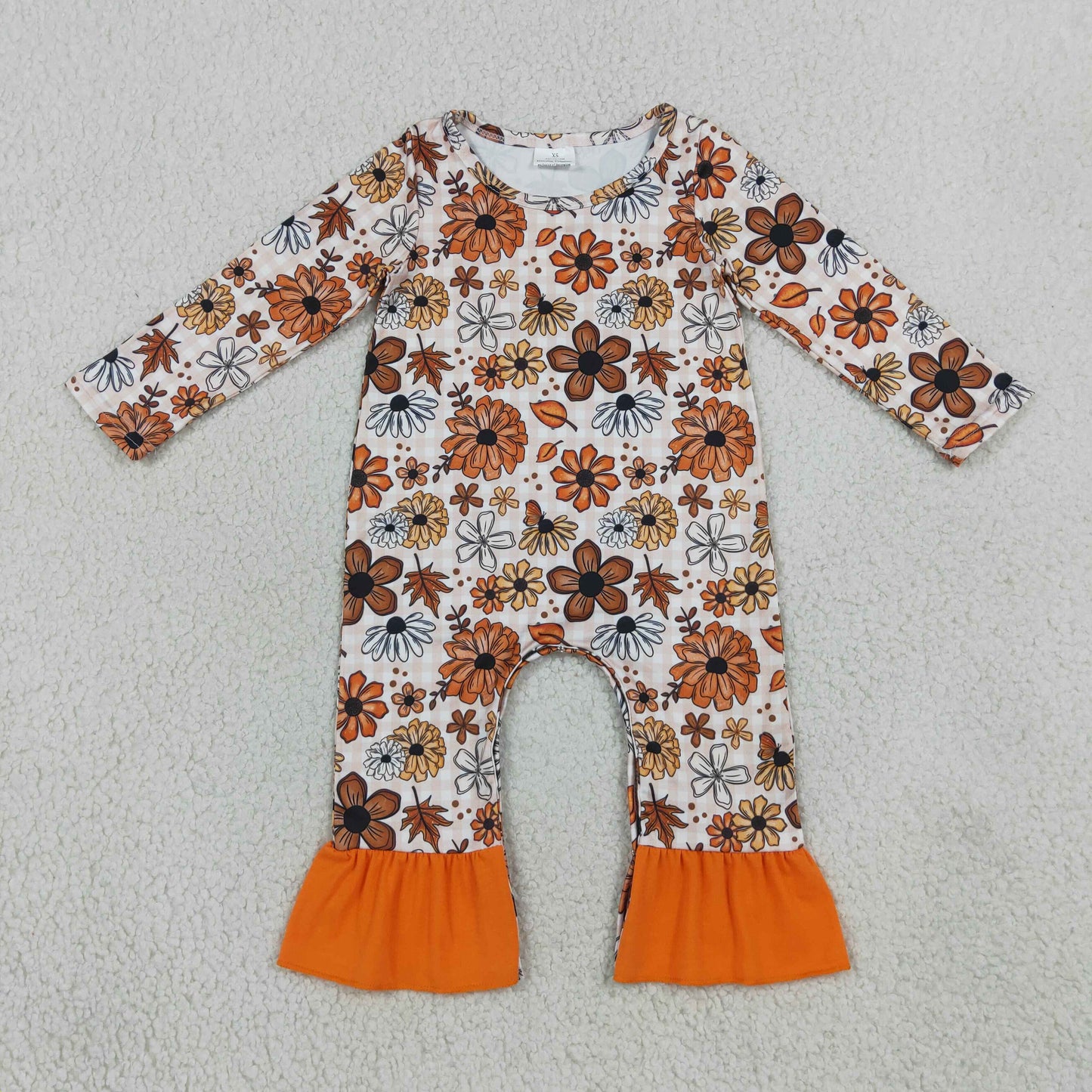 RTS NO MOQ Sibling milk silk Baby Girls Long Sleeve Flowers Leaves Print Fall Ruffle Pant Rompers