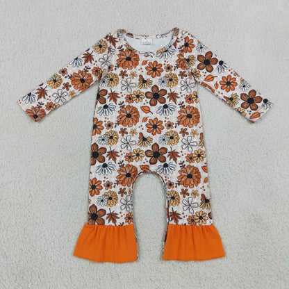 RTS NO MOQ Sibling milk silk Baby Girls Long Sleeve Flowers Leaves Print Fall Ruffle Pant Rompers