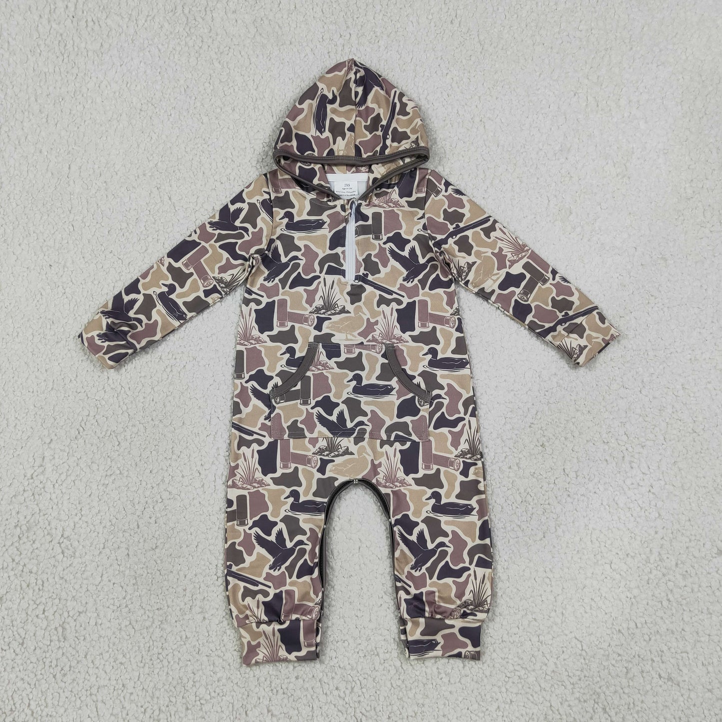 NEW RTS NO MOQ milk silk LR3029 Baby Boys Camo Ducks Zip Pocket Long Sleeve Hunting Rompers