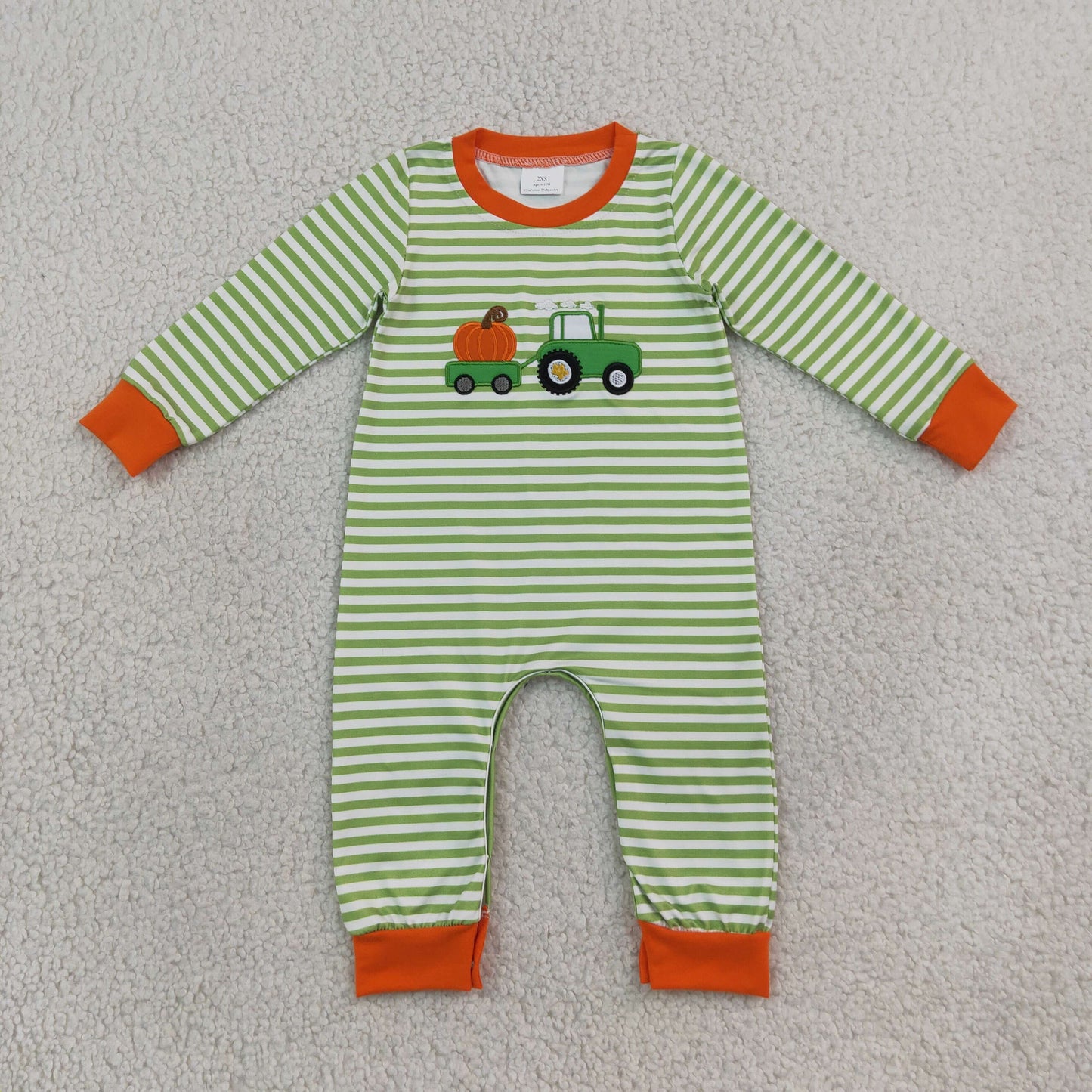 NEW RTS NO MOQ milk silk LR3036 Embroidery Baby Boys Farm Green Stripe Pumpkin Truck Embroidery Long Sleeve Rompers