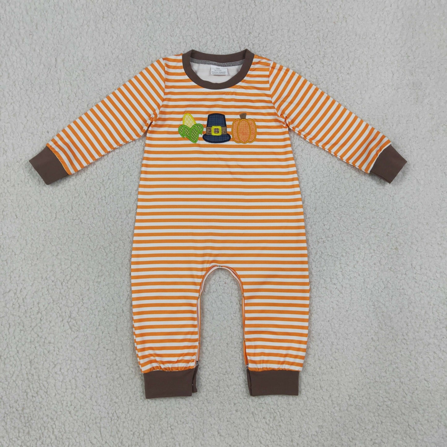 NEW RTS NO MOQ milk silk LR3037 Embroidery Baby Boys Orange Stripe Pumpkin Embroidery Long Sleeve Rompers