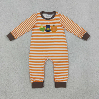 RTS NO MOQ Sibling milk silk Embroidery Pumpkin Baby Boys Orange Stripe Top Pant Fall Clothes Sets Rompers