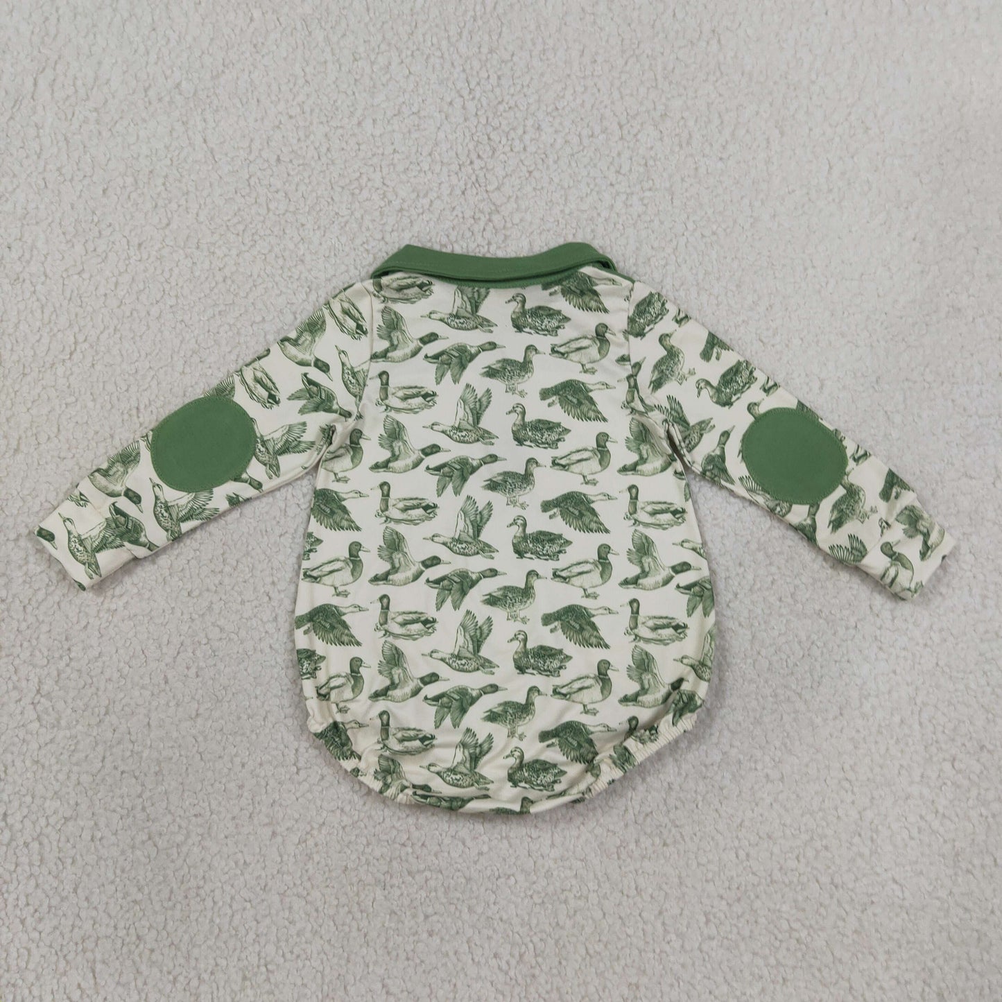 NEW RTS NO MOQ milk silk LR3050 Baby Boys Duck Hunting Print Long Sleeve Quarter Zipper Front Romper