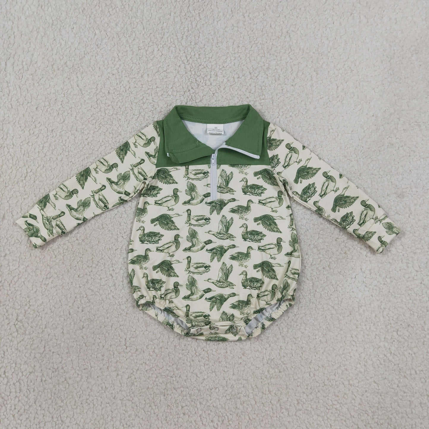 NEW RTS NO MOQ milk silk LR3050 Baby Boys Duck Hunting Print Long Sleeve Quarter Zipper Front Romper