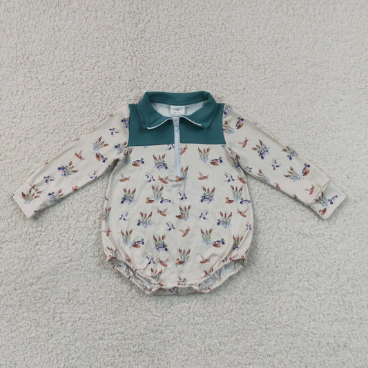 RTS NO MOQ  milk silk LR3052 Baby Boys Long Sleeve Ducks Plaid Hunting Zip Rompers