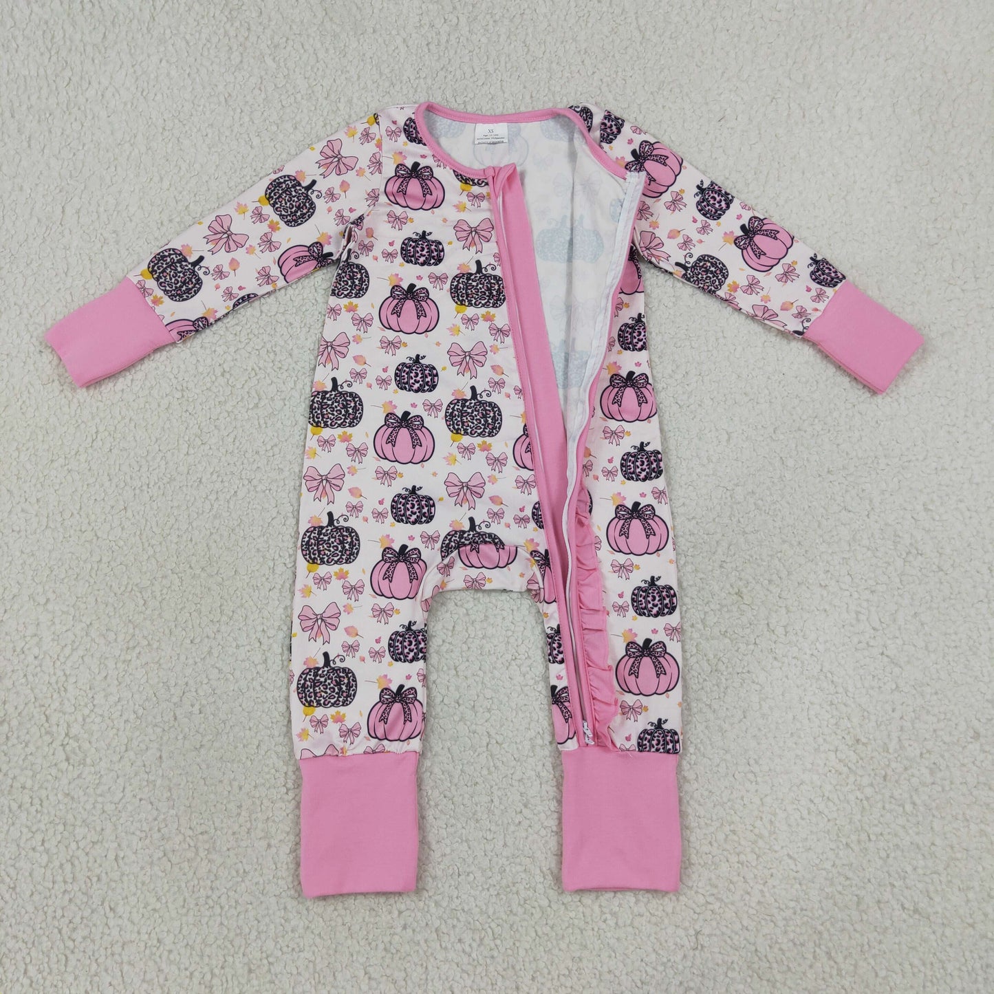NEW RTS NO MOQ milk silk LR3061 Baby Girls Pink Bows Leopard Pumpkins Fall Two Way Ruffle Zip Convertible Rompers