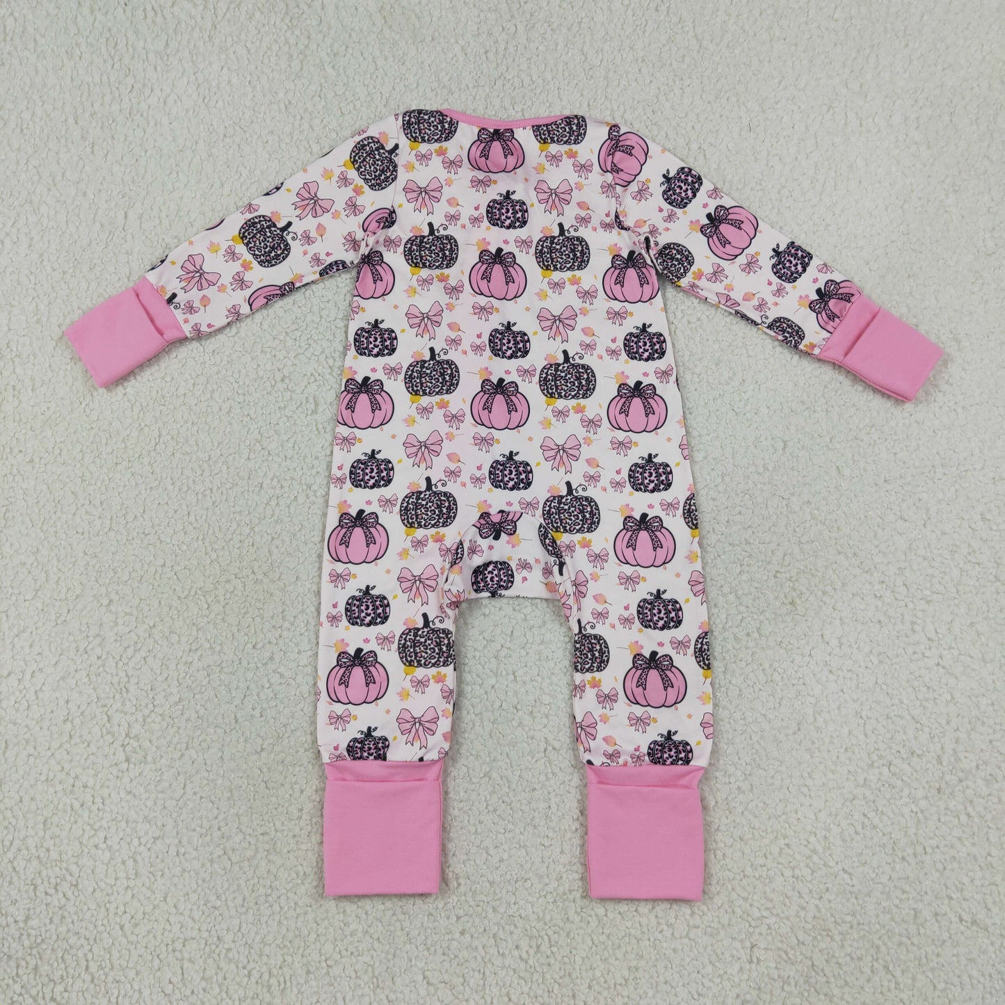 NEW RTS NO MOQ milk silk LR3061 Baby Girls Pink Bows Leopard Pumpkins Fall Two Way Ruffle Zip Convertible Rompers