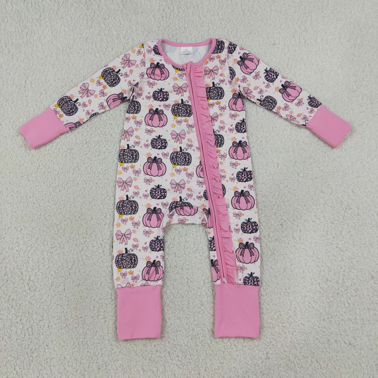 NEW RTS NO MOQ milk silk LR3061 Baby Girls Pink Bows Leopard Pumpkins Fall Two Way Ruffle Zip Convertible Rompers