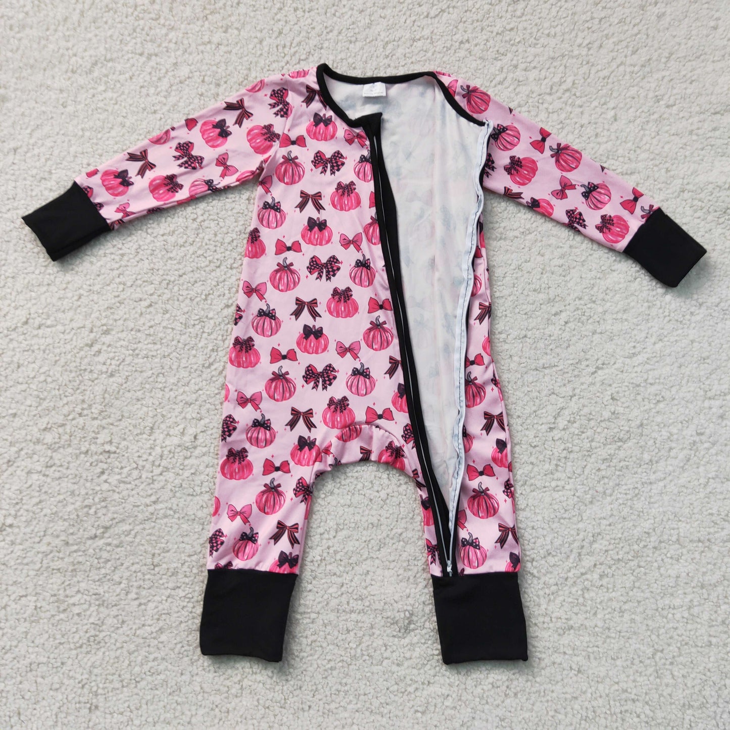 RTS NO MOQ milk silk LR3069 Baby Girls Pink Bows Pumpkins Fall Two Way Zip Convertible Rompers