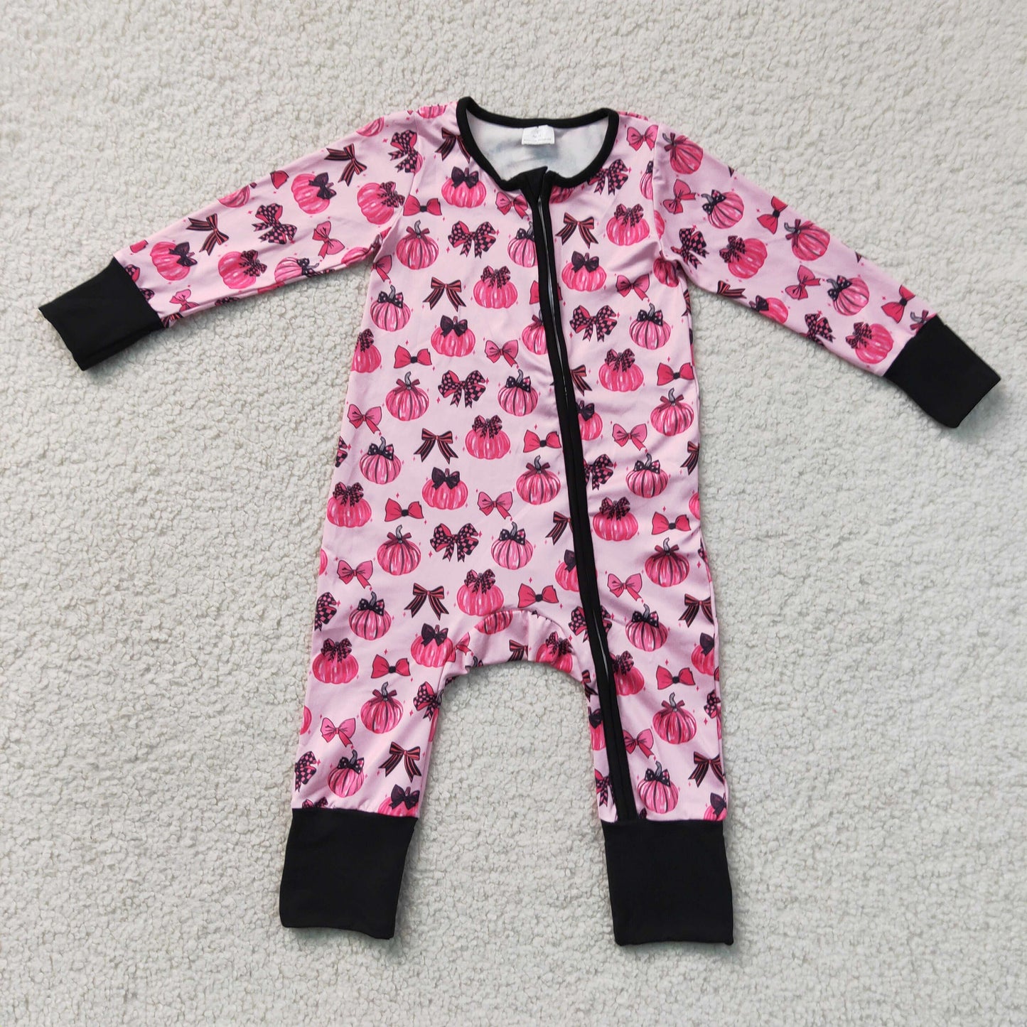 RTS NO MOQ milk silk LR3069 Baby Girls Pink Bows Pumpkins Fall Two Way Zip Convertible Rompers