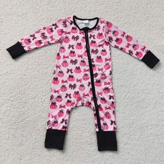 RTS NO MOQ milk silk LR3069 Baby Girls Pink Bows Pumpkins Fall Two Way Zip Convertible Rompers