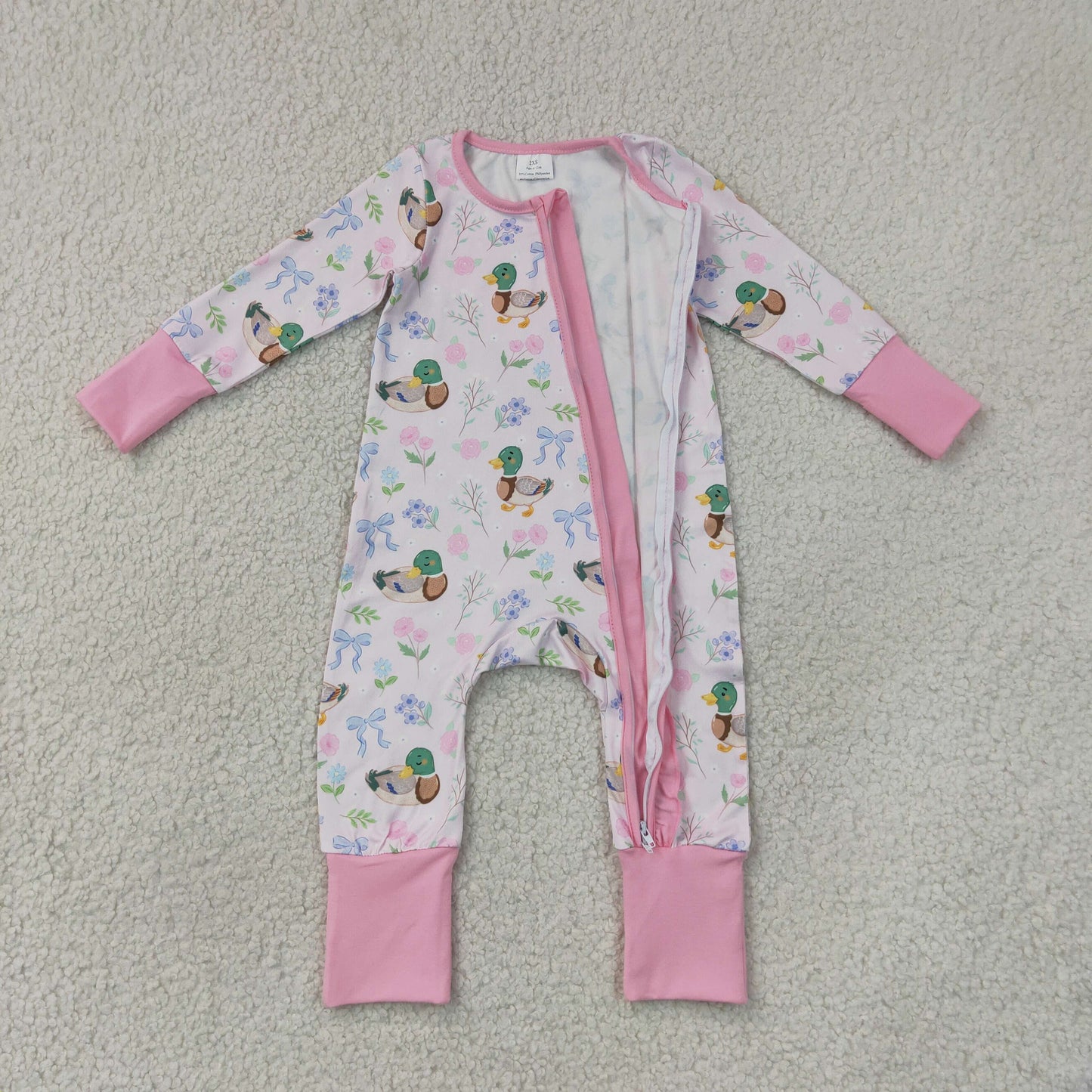 RTS NO MOQ milk silk LR3071 Baby Girls Cute Floral Duck Long Sleeve Two Way Ruffle Zip Convertible Rompers