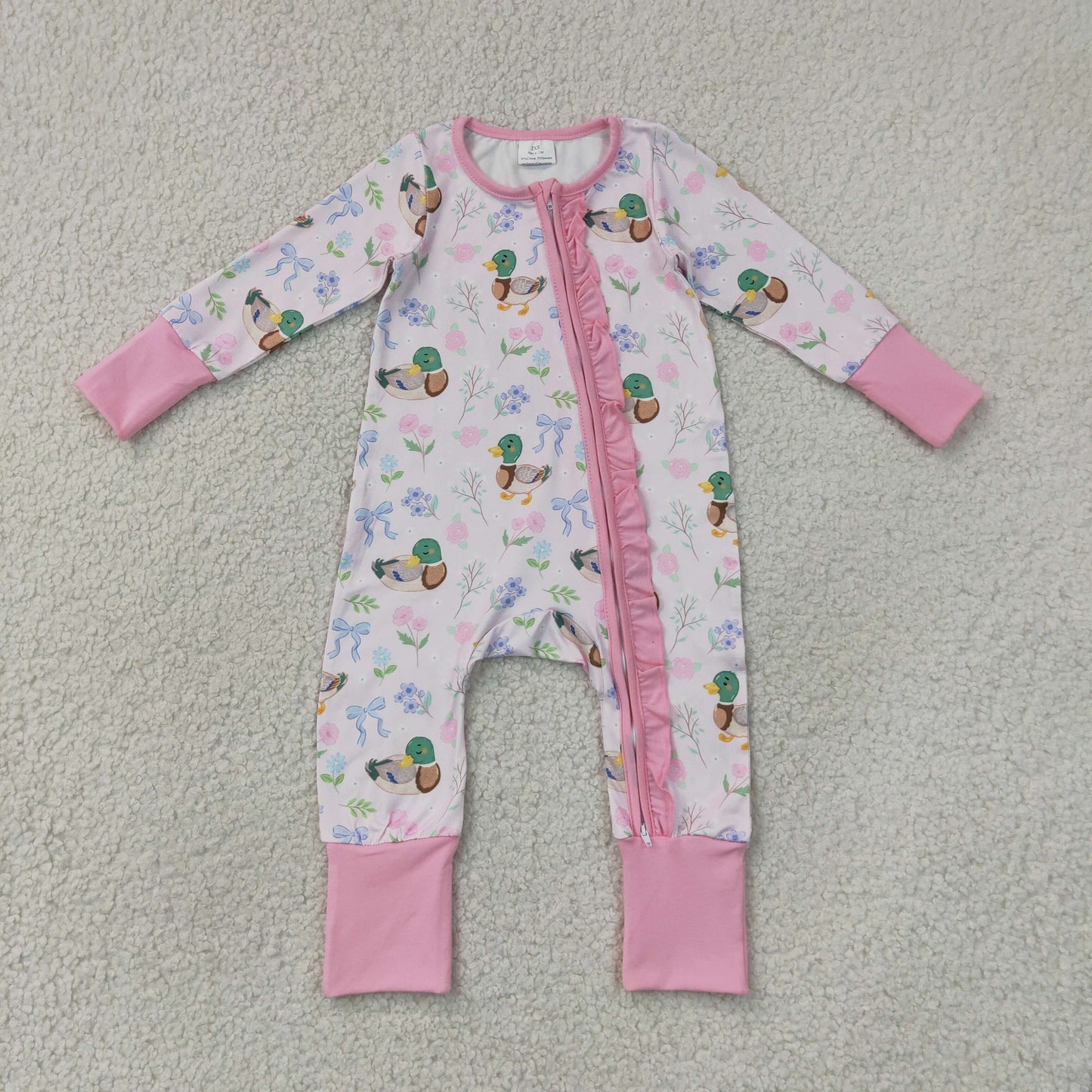 RTS NO MOQ milk silk LR3071 Baby Girls Cute Floral Duck Long Sleeve Two Way Ruffle Zip Convertible Rompers