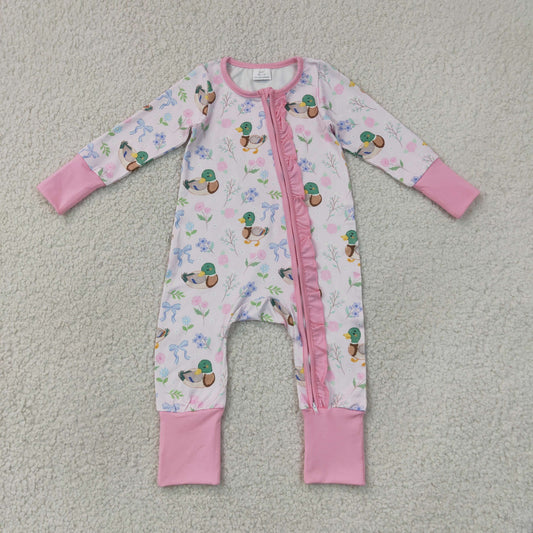 RTS NO MOQ milk silk LR3071 Baby Girls Cute Floral Duck Long Sleeve Two Way Ruffle Zip Convertible Rompers