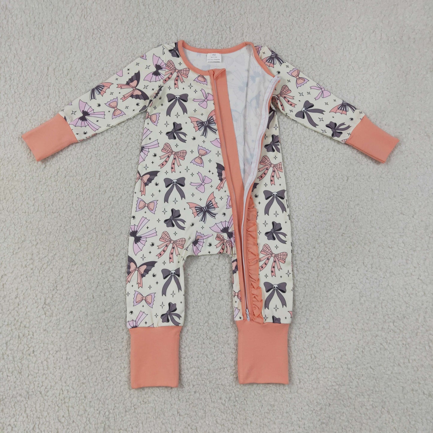 RTS NO MOQ milk silk LR3078 Baby Girls Halloween Bow Printed Long Sleeve Two Way Zip Ruffle Convertible Rompers