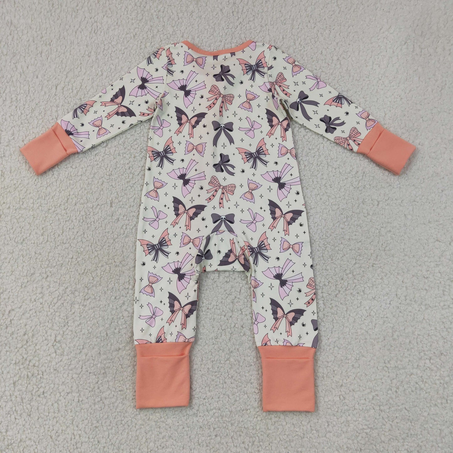 RTS NO MOQ milk silk LR3078 Baby Girls Halloween Bow Printed Long Sleeve Two Way Zip Ruffle Convertible Rompers