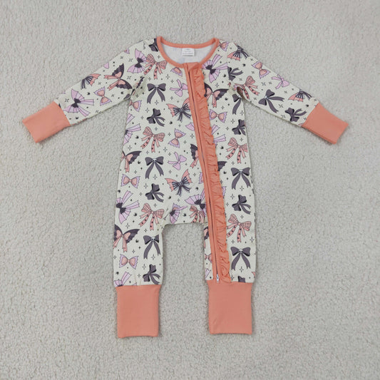 RTS NO MOQ milk silk LR3078 Baby Girls Halloween Bow Printed Long Sleeve Two Way Zip Ruffle Convertible Rompers