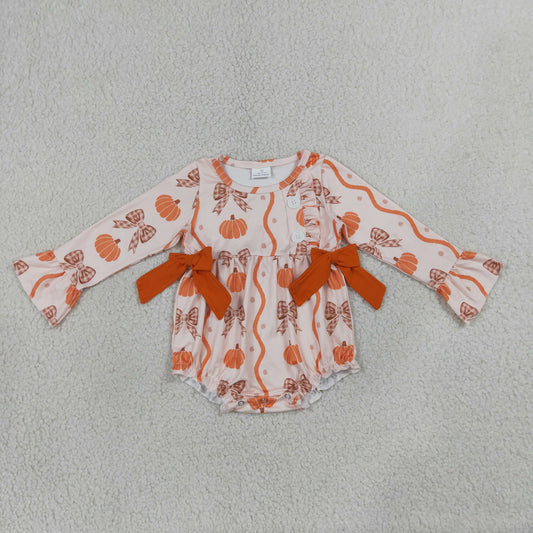 NEW RTS NO MOQ milk silk LR3083 Baby Girls Stripe Pumpkin Bow Long Sleeve Button Ruffle Hem Halloween Romper
