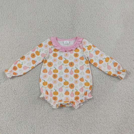 NEW RTS NO MOQ milk silk LR3098 Baby Girls Pumpkin Long Sleeve Ruffle Rompers