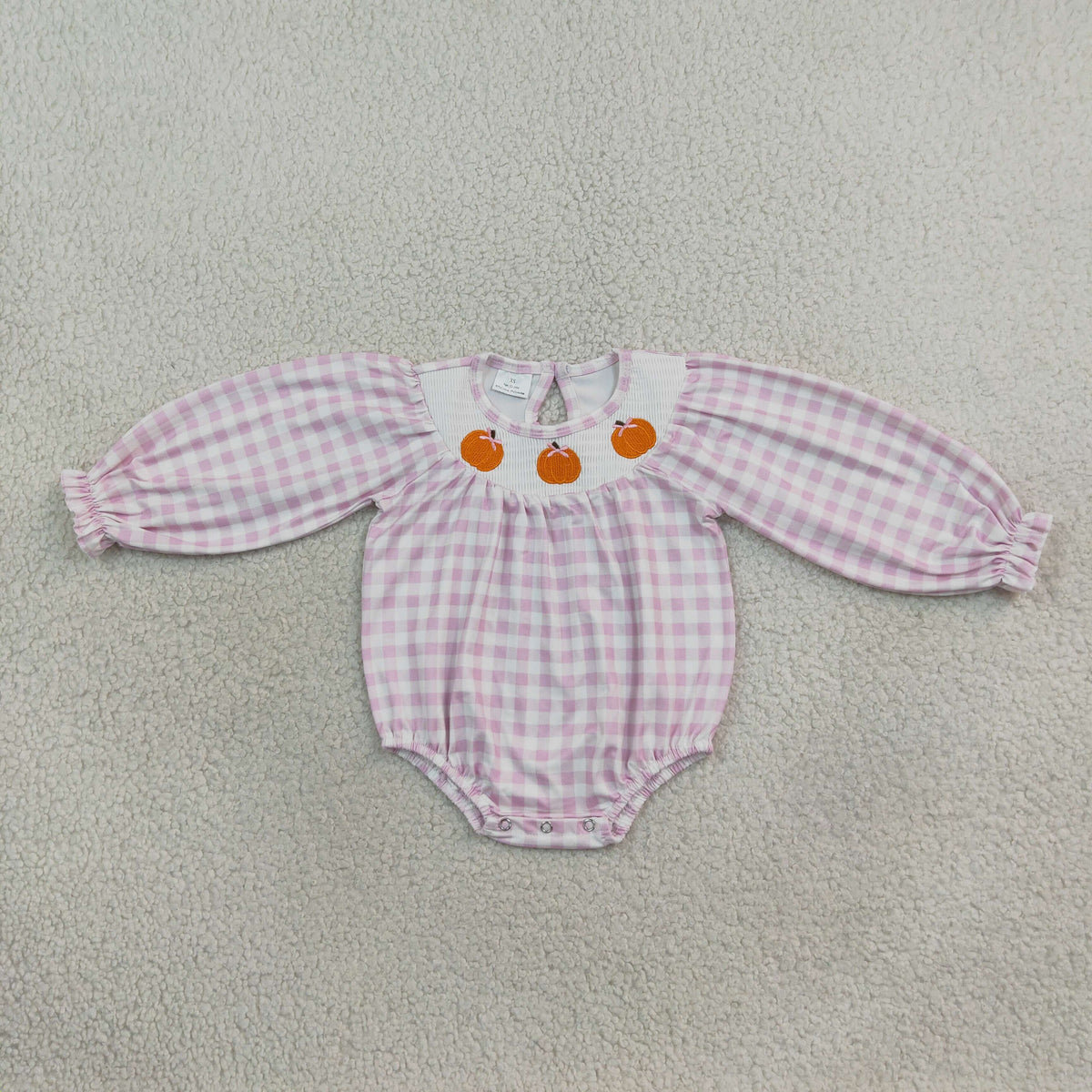 NEW RTS NO MOQ milk silk LR3106 Smocked Pumpkins Baby Girls Pink Checked Fall Ruffle Rompers