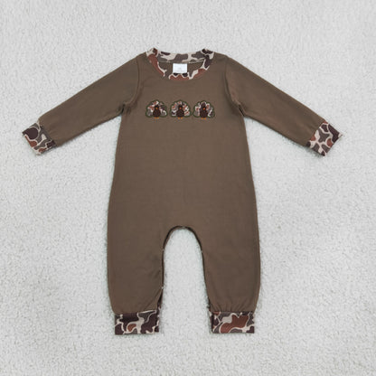 RTS NO MOQ Sibling milk silk Baby Boys Embroidery Turkey Brown Camo Pockets Joggers Clothes Set Rompers