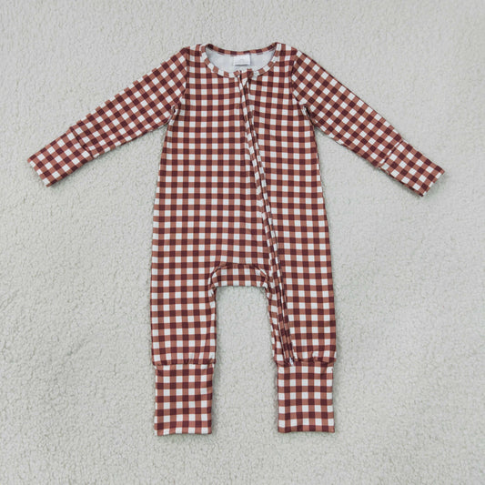 NEW RTS NO MOQ milk silk LR3113 Baby Boys Plaid Two Way Zip Convertible Romper