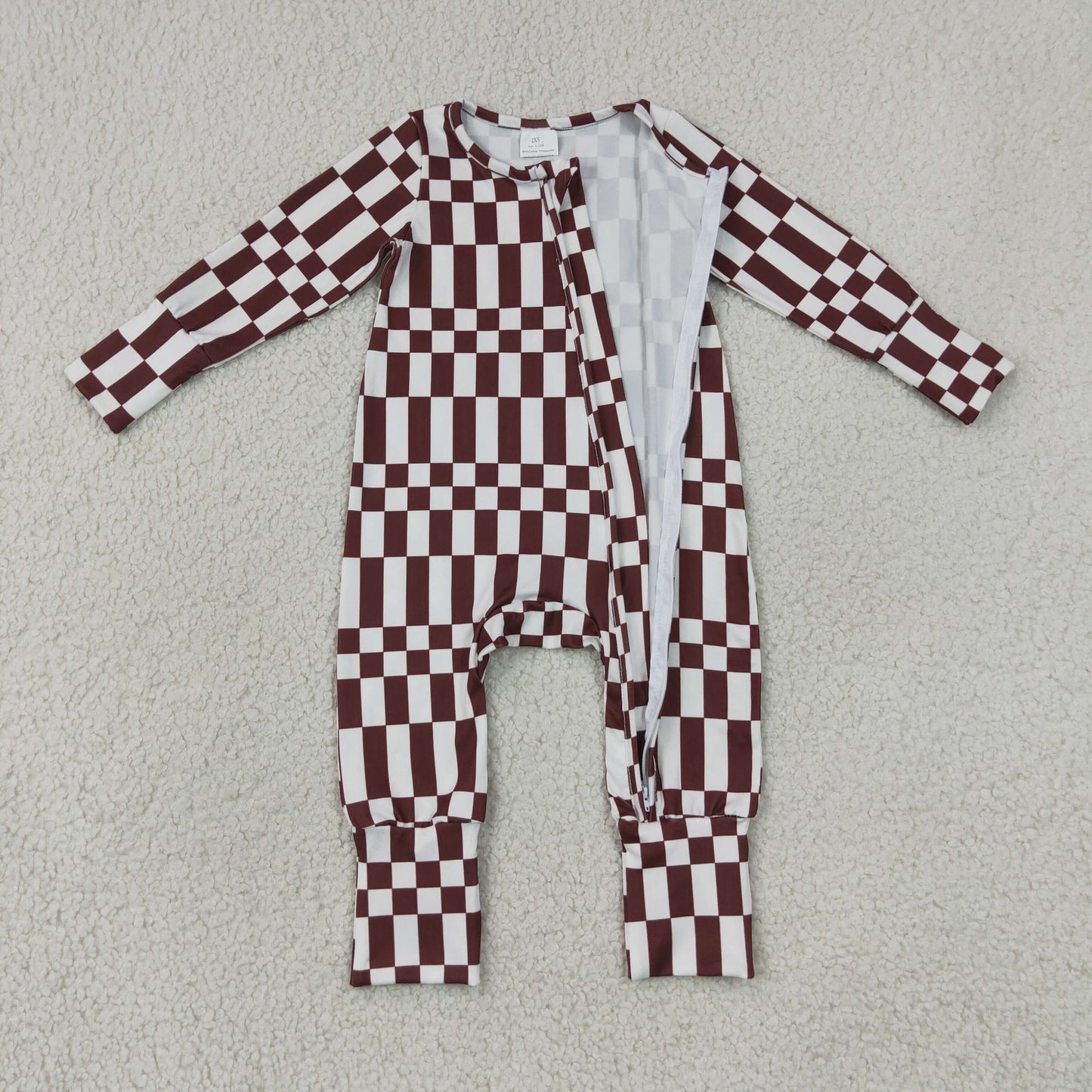 NEW RTS NO MOQ milk silk LR3114 Baby Boys Maroon Check Long Sleeve Two Way Zipper Rompers