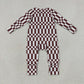 NEW RTS NO MOQ milk silk LR3114 Baby Boys Maroon Check Long Sleeve Two Way Zipper Rompers