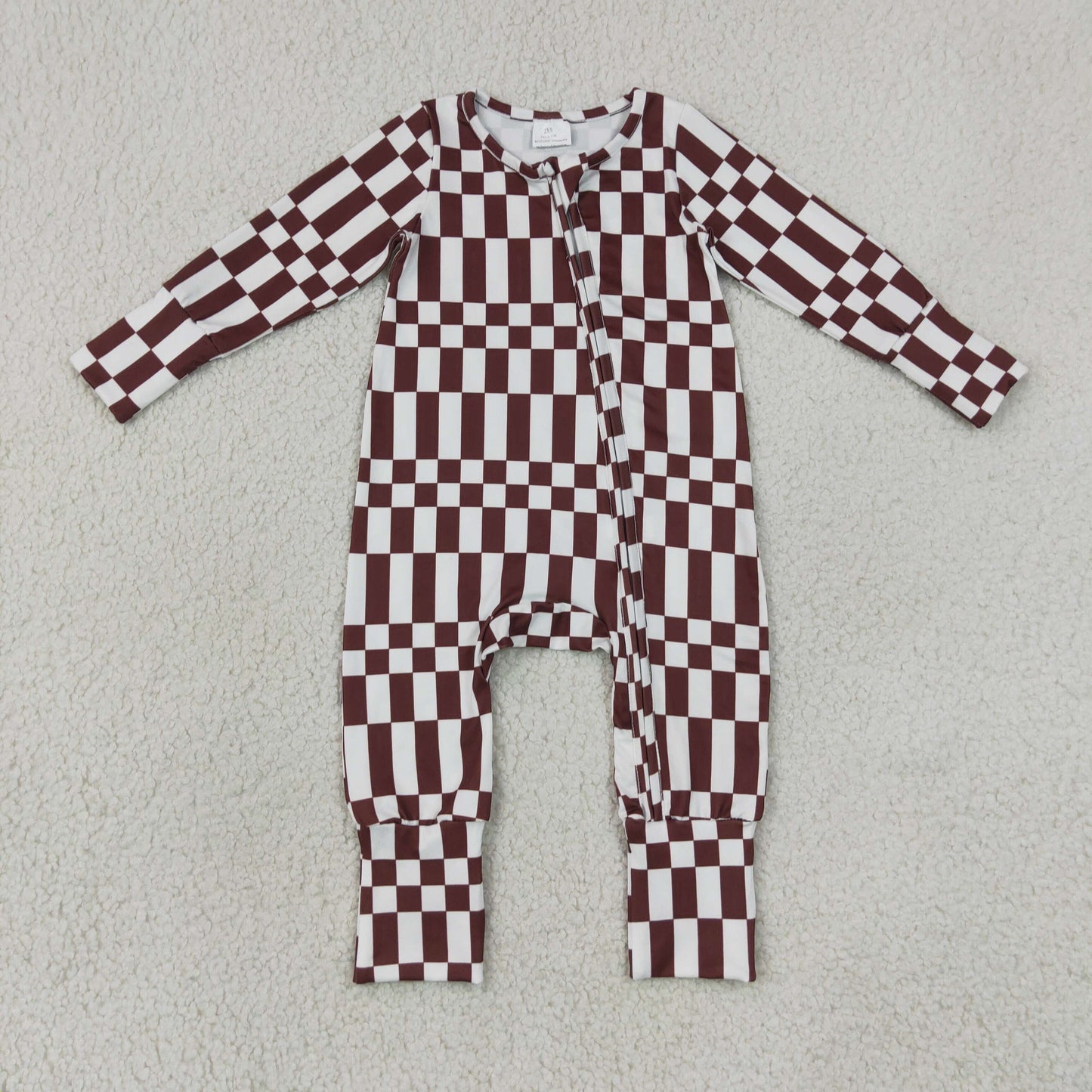 NEW RTS NO MOQ milk silk LR3114 Baby Boys Maroon Check Long Sleeve Two Way Zipper Rompers