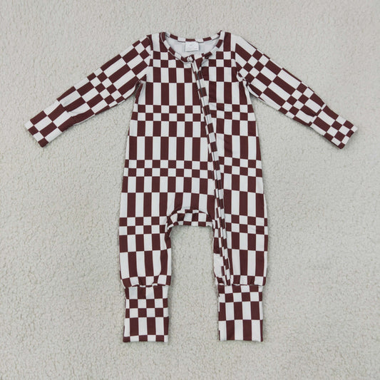 NEW RTS NO MOQ milk silk LR3114 Baby Boys Maroon Check Long Sleeve Two Way Zipper Rompers