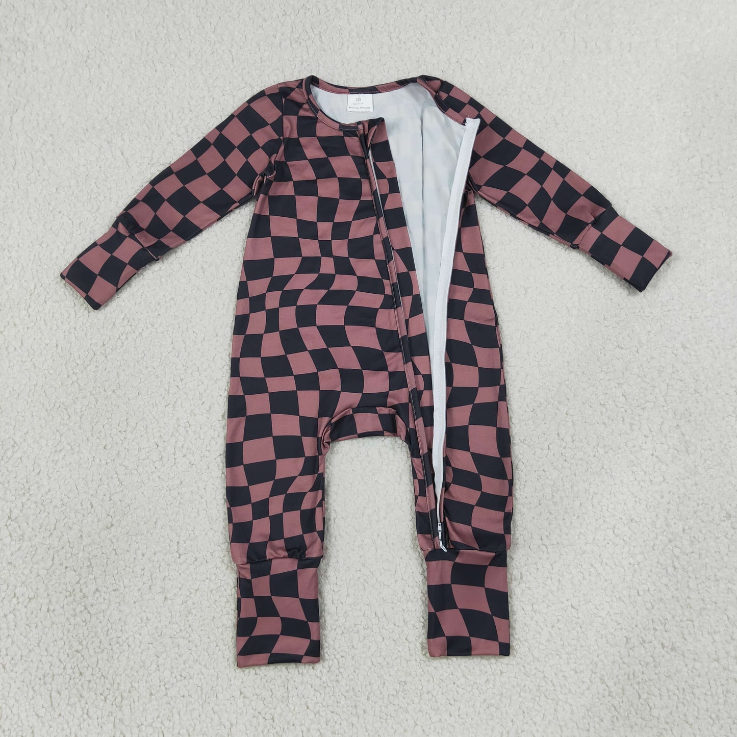 NEW RTS NO MOQ milk silk LR3115 Baby Boys Brown Black Checked Long Sleeve Two Way Zipper Convertible Casual Rompers