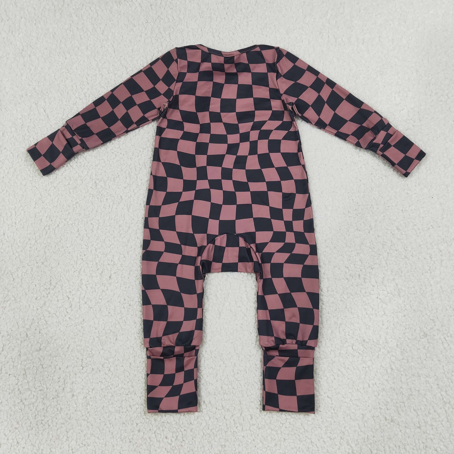 NEW RTS NO MOQ milk silk LR3115 Baby Boys Brown Black Checked Long Sleeve Two Way Zipper Convertible Casual Rompers