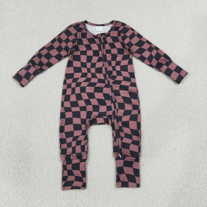 NEW RTS NO MOQ milk silk LR3115 Baby Boys Brown Black Checked Long Sleeve Two Way Zipper Convertible Casual Rompers