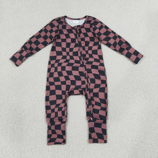 NEW RTS NO MOQ milk silk LR3115 Baby Boys Brown Black Checked Long Sleeve Two Way Zipper Convertible Casual Rompers