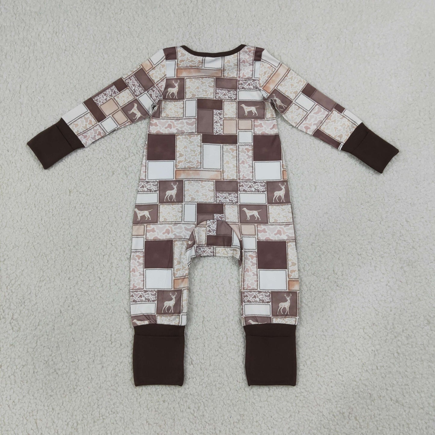 NEW RTS NO MOQ milk silk LR3118 Baby Boys Wild Ducks Dogs Deer Animal Camo Print Two Way Full Zip Convertible Long Sleeve Romper