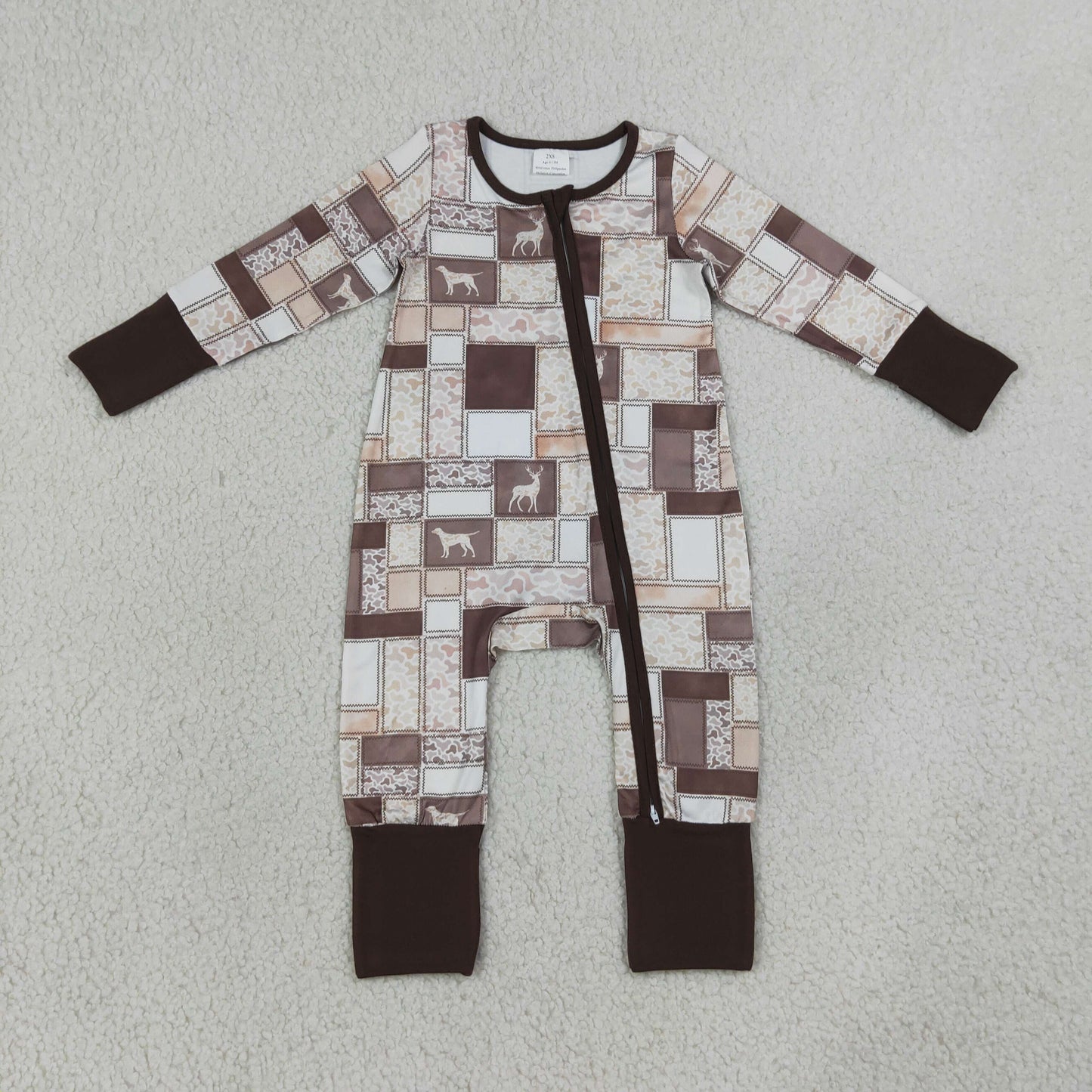 NEW RTS NO MOQ milk silk LR3118 Baby Boys Wild Ducks Dogs Deer Animal Camo Print Two Way Full Zip Convertible Long Sleeve Romper